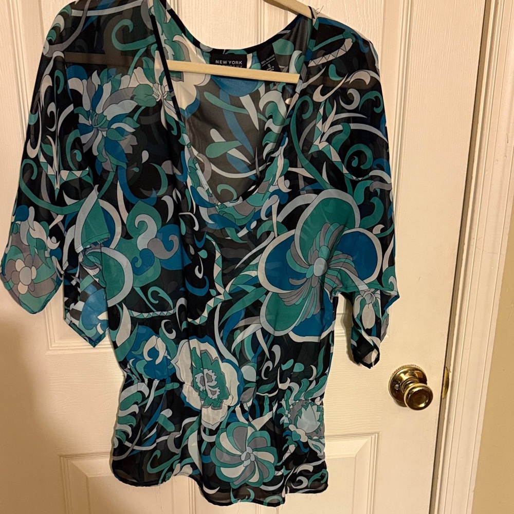 New York & Company Women's Floral Blouse - Teal and Black